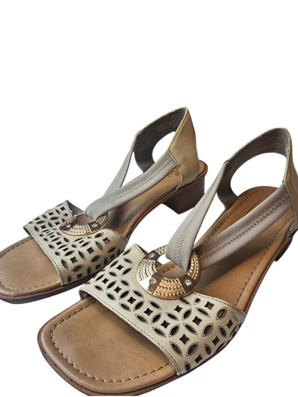 Rieker Strappy Creamy Beige Perforated Rhinestone Leather Sandals